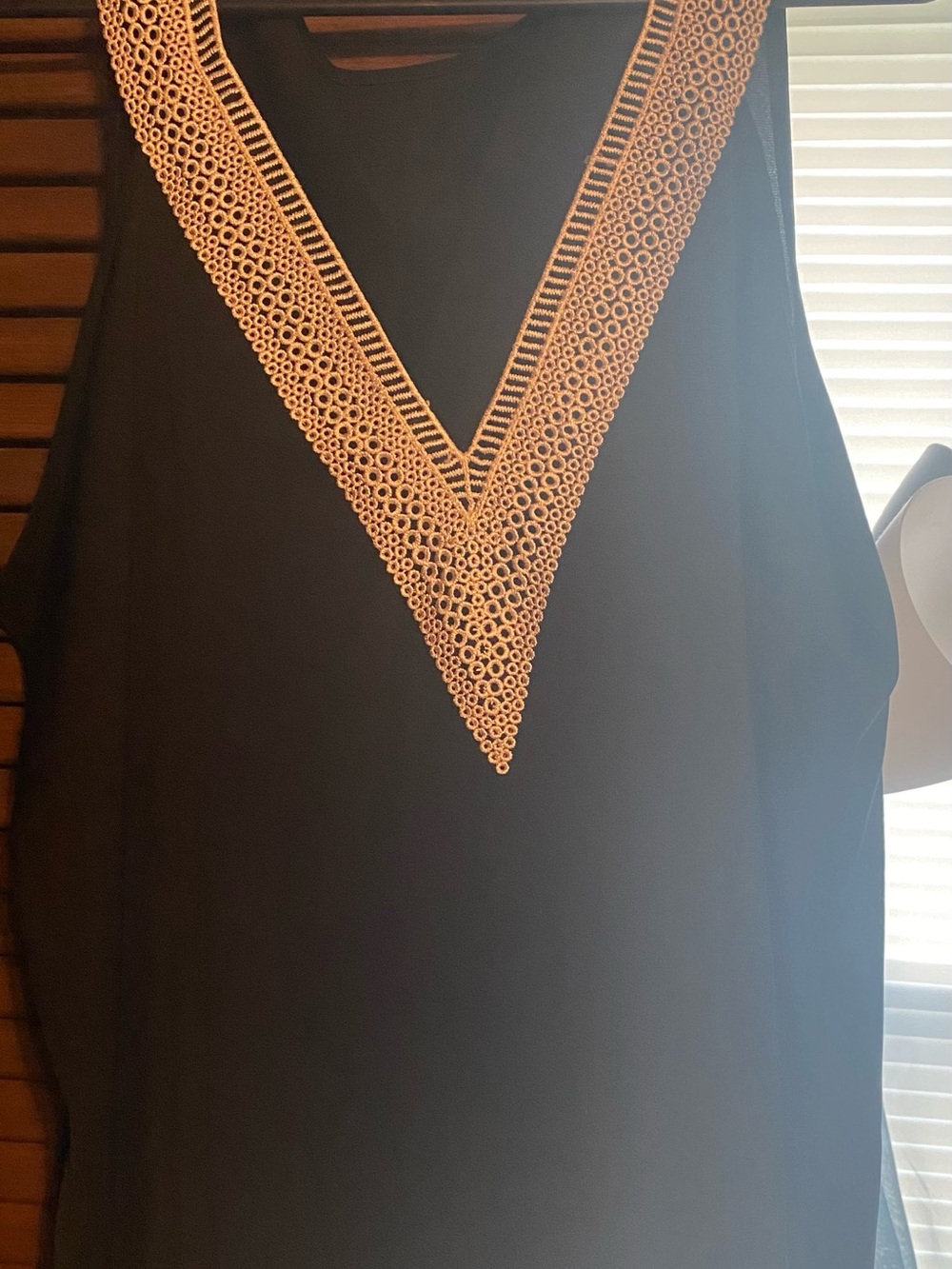 Sleeveless Black V-Neck Top with Cream Crochet Trim